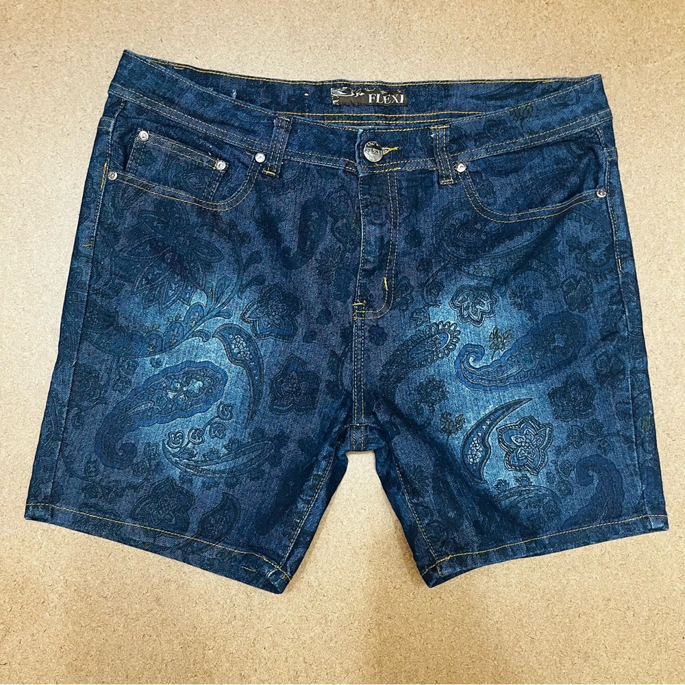 Flexi Indigo Paisley Denim Shorts